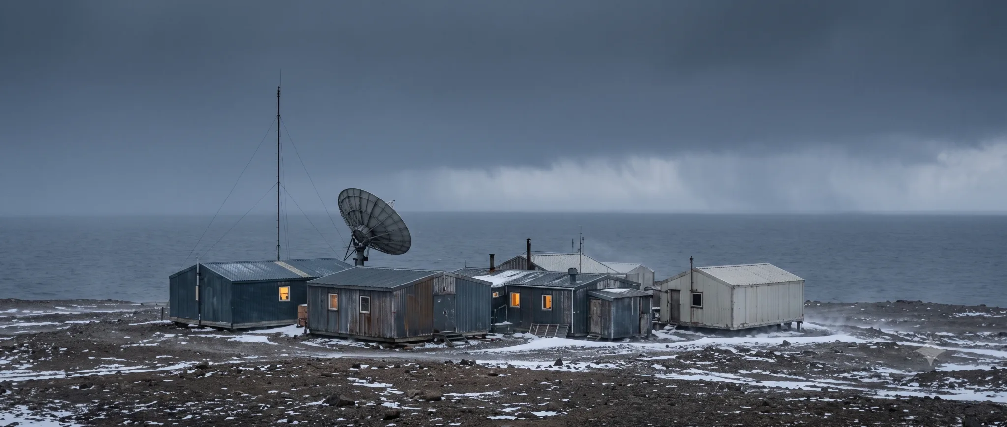 Base scientifique australe isolée en hivernage : bâtiments techniques, antenne satellite et front de tempête