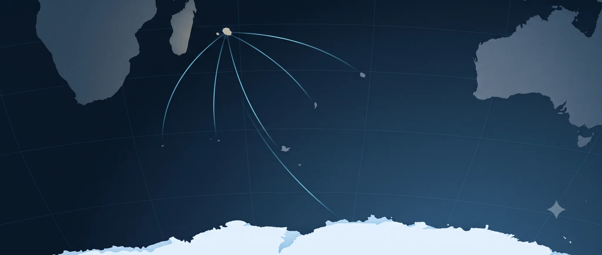 Carte stylisée de l'océan Indien austral : La Réunion et les liaisons satellite vers les districts australs et la Terre Adélie