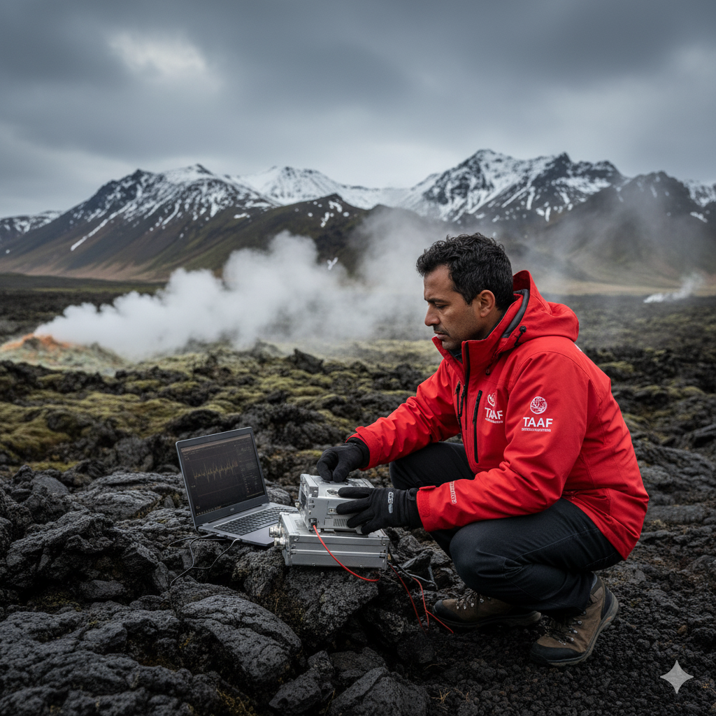 Sismologue TAAF travaillant sur l'analyse de données sismiques sur une base polaire
